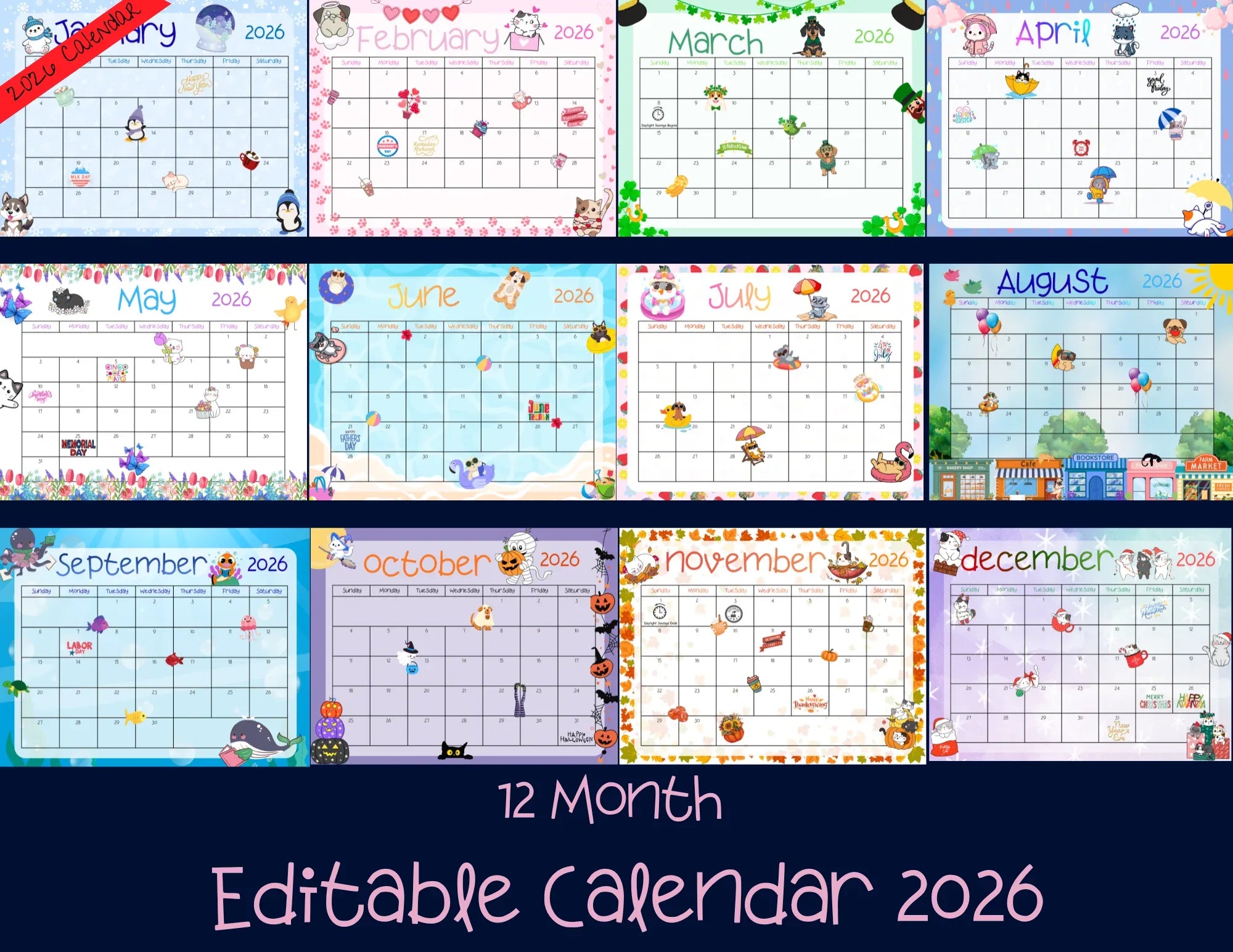 Editable 2026 Monthly Calendar, Cute Printable 2026 Planner for Kids, Home School Work Office Organizer, Editable PDF, Instant Download - Autumnmist Boutique