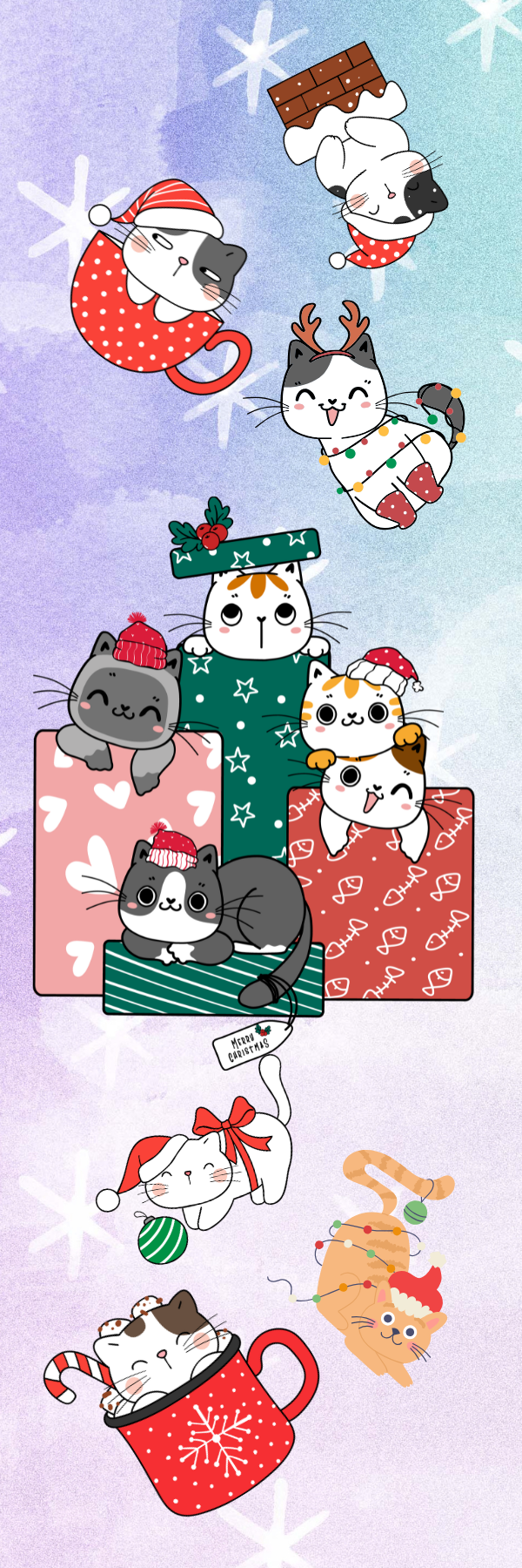 Huskies Bookmark featuring adorable holiday cats in festive attire among gifts and mugs on a pastel backdrop.