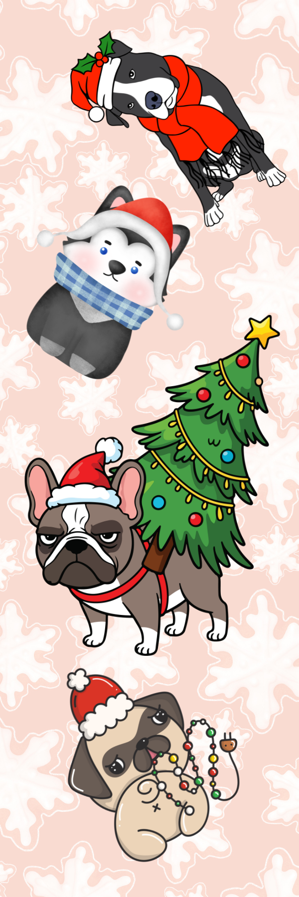 Huskies Bookmark featuring festive pups in Santa hats and holiday gear for Christmas cheer.