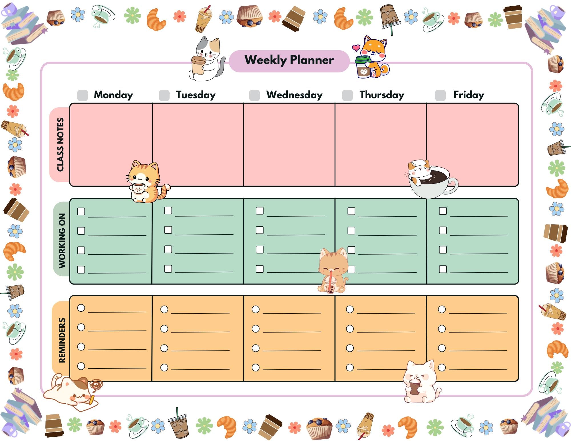 Cat Café Weekly Planner Notepad 8.5" x 11" - Bookworm Gift - Notepad