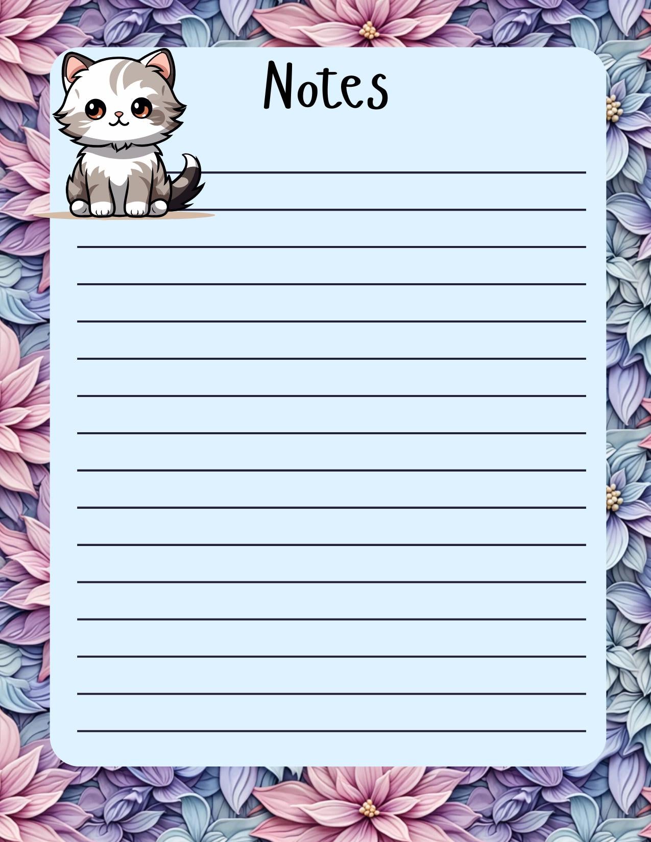 Cute cat notepad with pastel floral border for note taking and journaling.