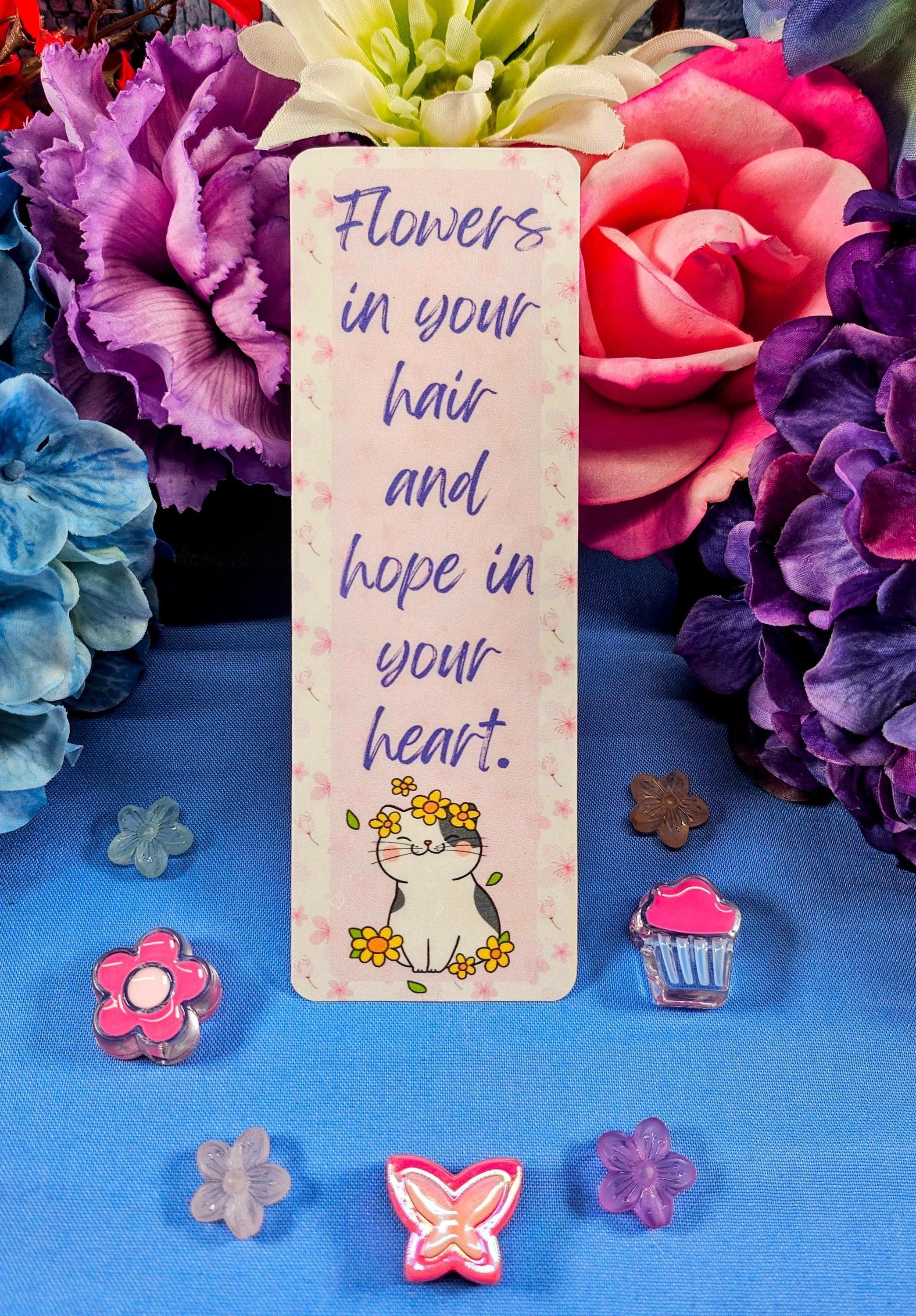 Pink "Flowers in Your Hair" Cat Laminated Bookmark - Autumnmist Boutique