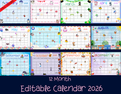 Editable 2026 Monthly Calendar, Cute Printable 2026 Planner for Kids, Home School Work Office Organizer, Editable PDF, Instant Download Autumnmist Boutique