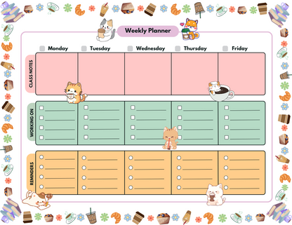 Cat Café Weekly Planner Notepad 8.5&quot; x 11&quot; - Bookworm Gift - Notepad