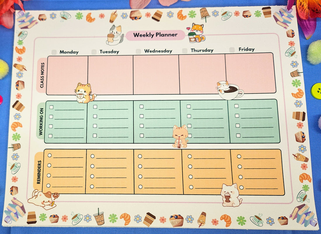 Cat Café Weekly Planner Notepad 8.5&quot; x 11&quot; - Bookworm Gift - Notepad