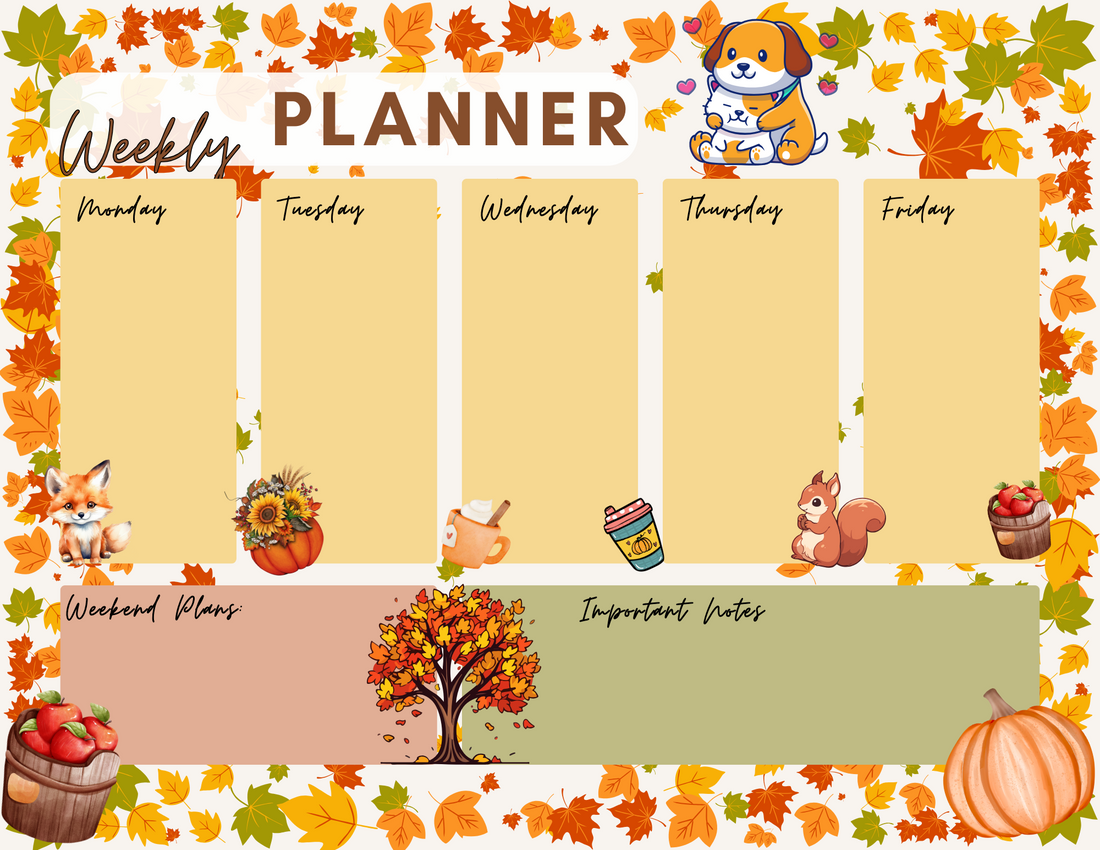 Fall Forest Friends Weekly Planner Notepad 8.5&quot; x 11&quot; - Bookworm Gift - Notepad