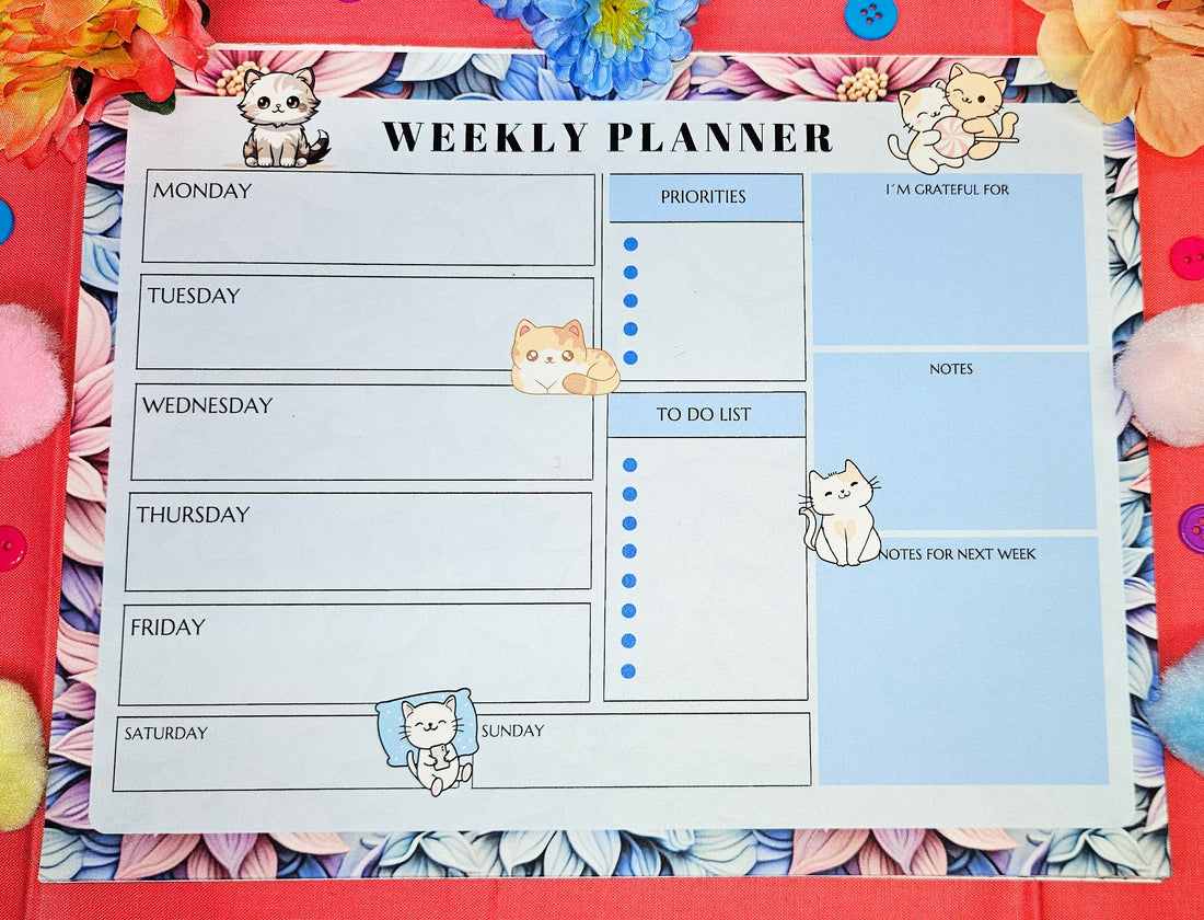 Blossom and Paws Weekly Planner Notepad 8.5&quot; x 11&quot; - Bookworm Gift - Notepad