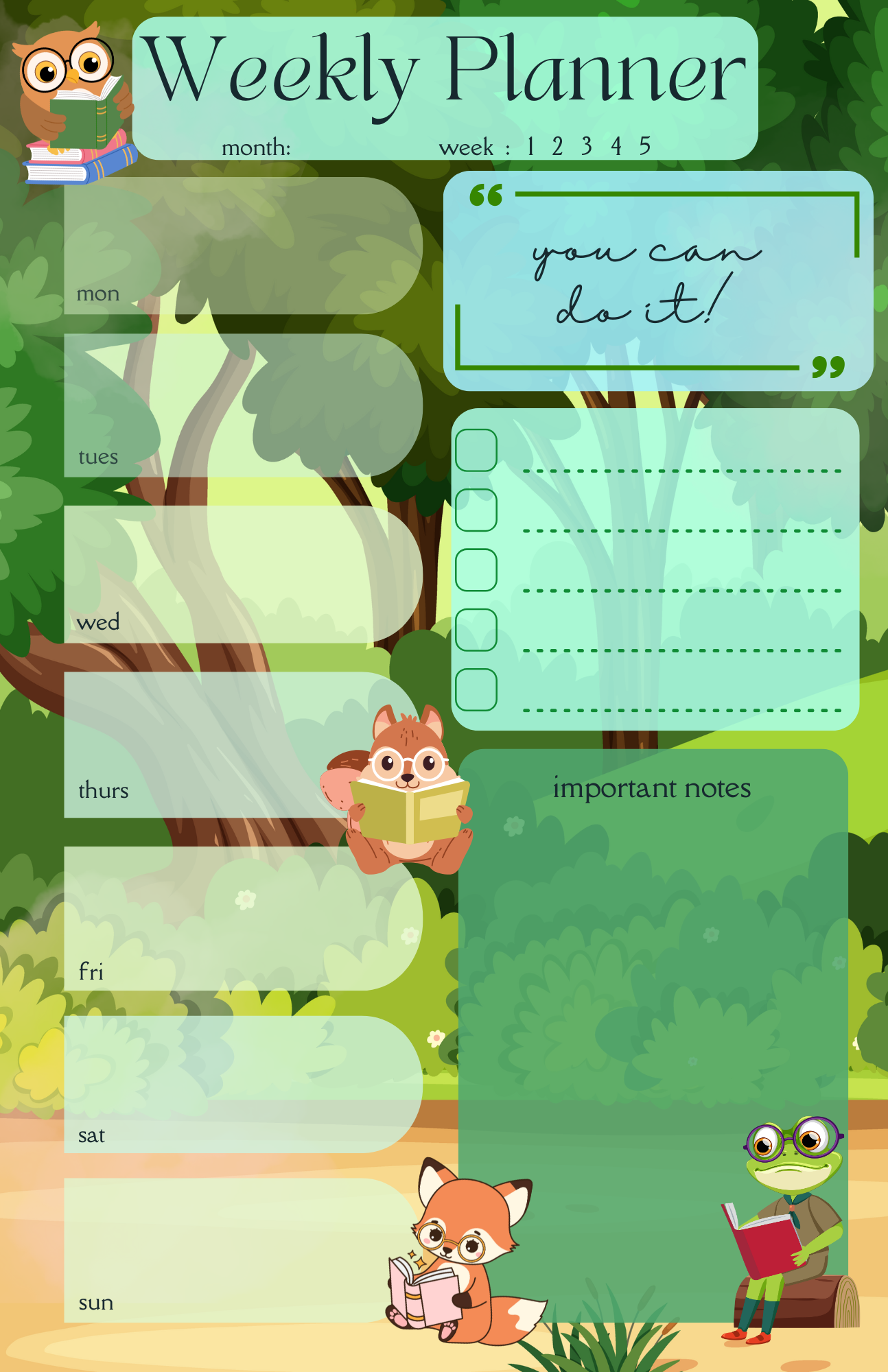 Forest Friends Reading Weekly Planner Notepad 5.5&quot; x 8.5&quot;