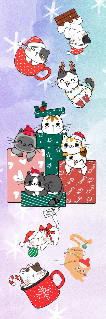 Huskies Bookmark featuring adorable holiday cats in festive attire among gifts and mugs on a pastel backdrop.