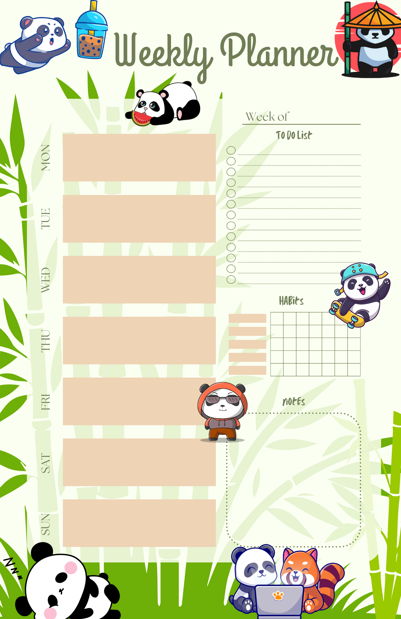 Bamboo &amp; Bubble Tea Weekly Planner Notepad 5.5&quot; x 8.5&quot;