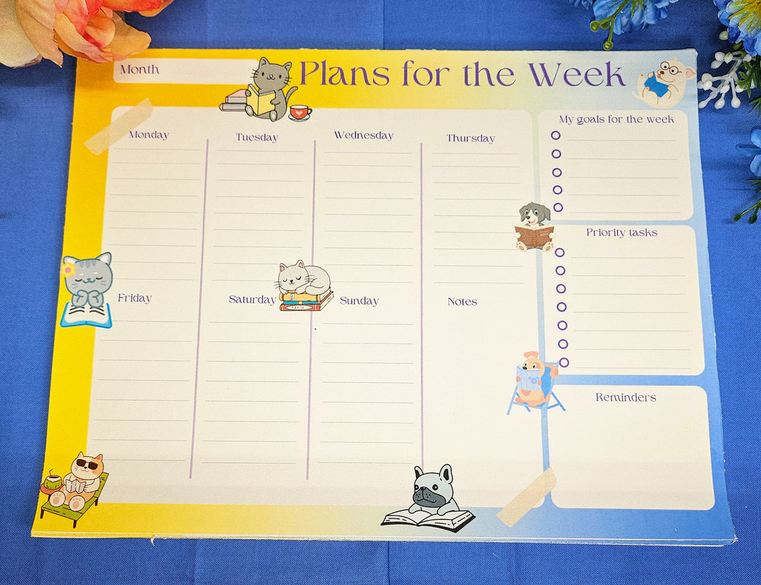Paws &amp; Pages Weekly Planner Notepad 8.5&quot; x 11&quot; - Bookworm Gift - Notepad