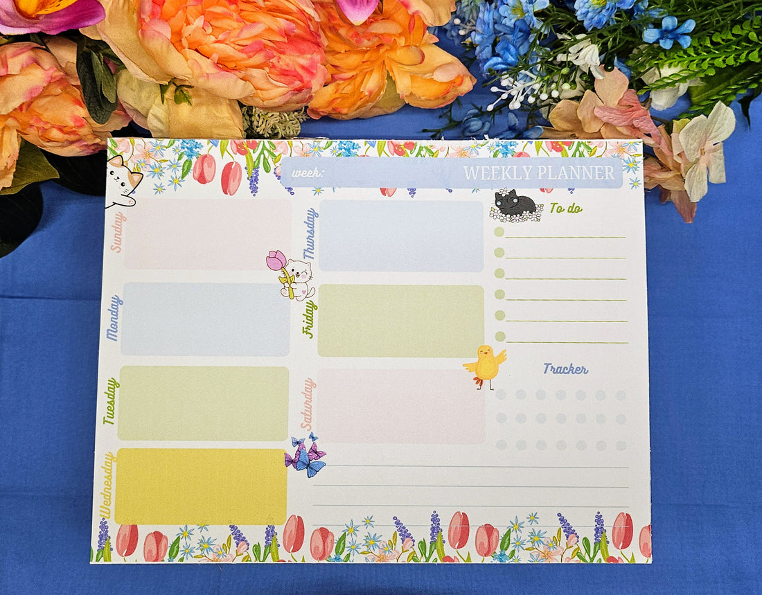 Whiskers &amp; Wildflowers Weekly Planner Notepad 8.5&quot; x 11&quot; - Bookworm Gift - Notepad