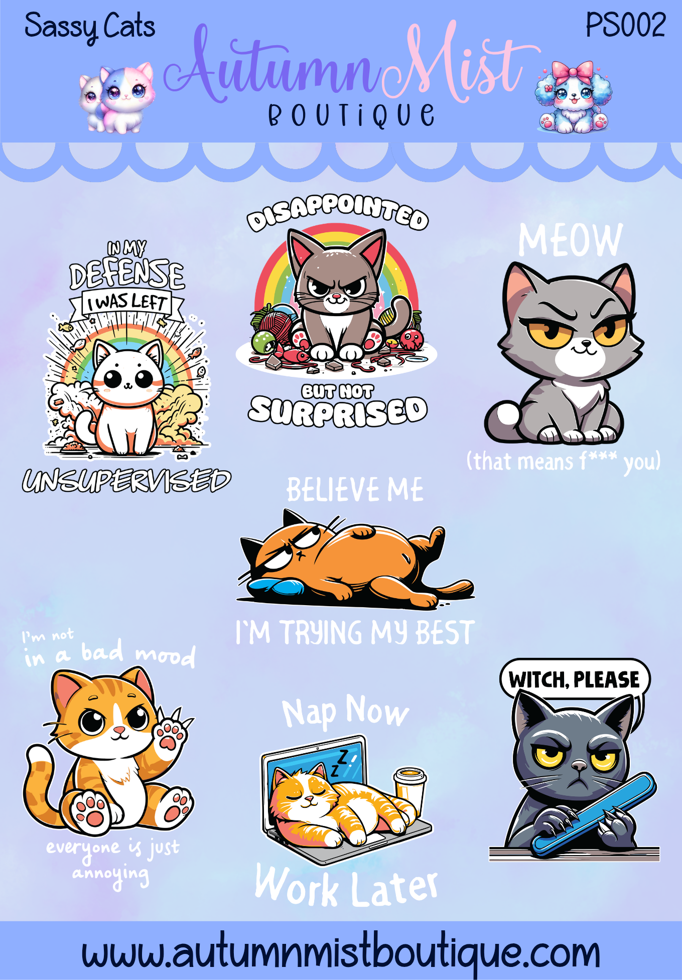 Sassy Cats Vinyl Sticker Sheet Autumnmist Boutique