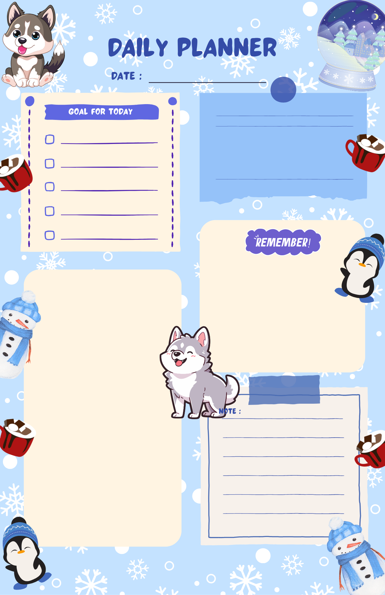 Hot Cocoa &amp; Huskies Daily Planner Notepad 5.5&quot; x 8.5&quot;