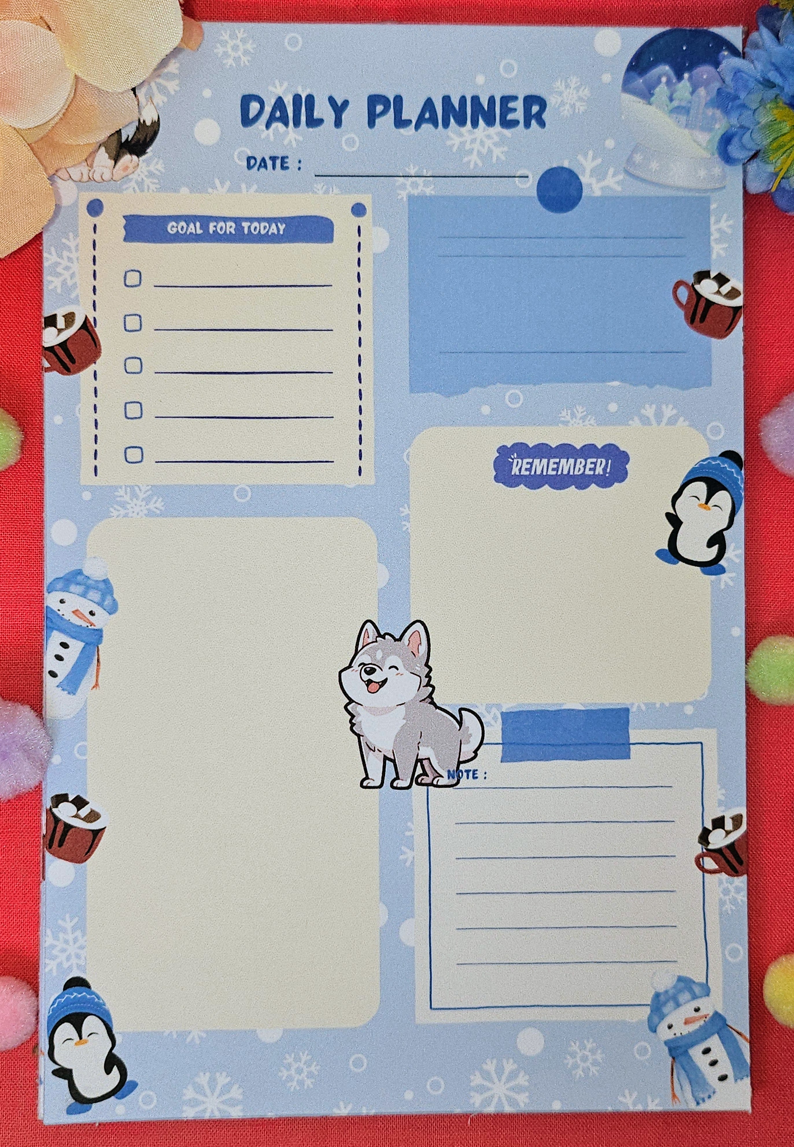 Hot Cocoa &amp; Huskies Daily Planner Notepad 5.5&quot; x 8.5&quot;