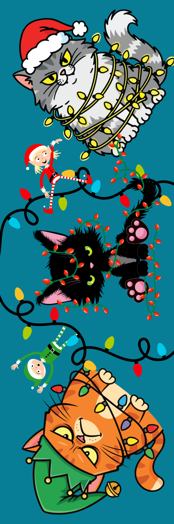 holiday cat bookmark featuring mischievous cats and an elf tangled in colorful Christmas lights on a teal background.