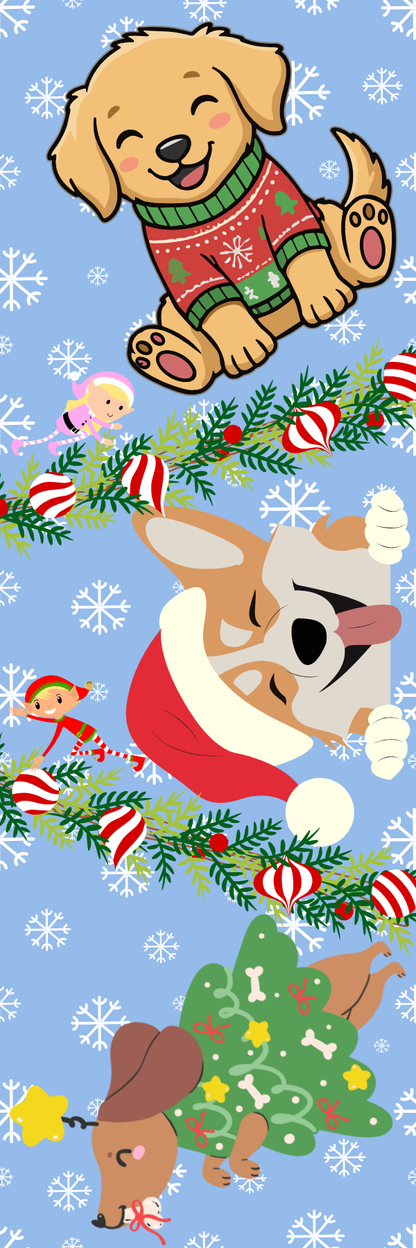Festive Pup Parade Christmas Sticker Sheet featuring playful puppies in holiday attire on a blue background.