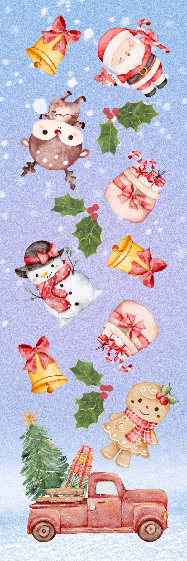 Christmas bookmark featuring festive characters like Santa, reindeer, and a vintage truck on a snowy backdrop.