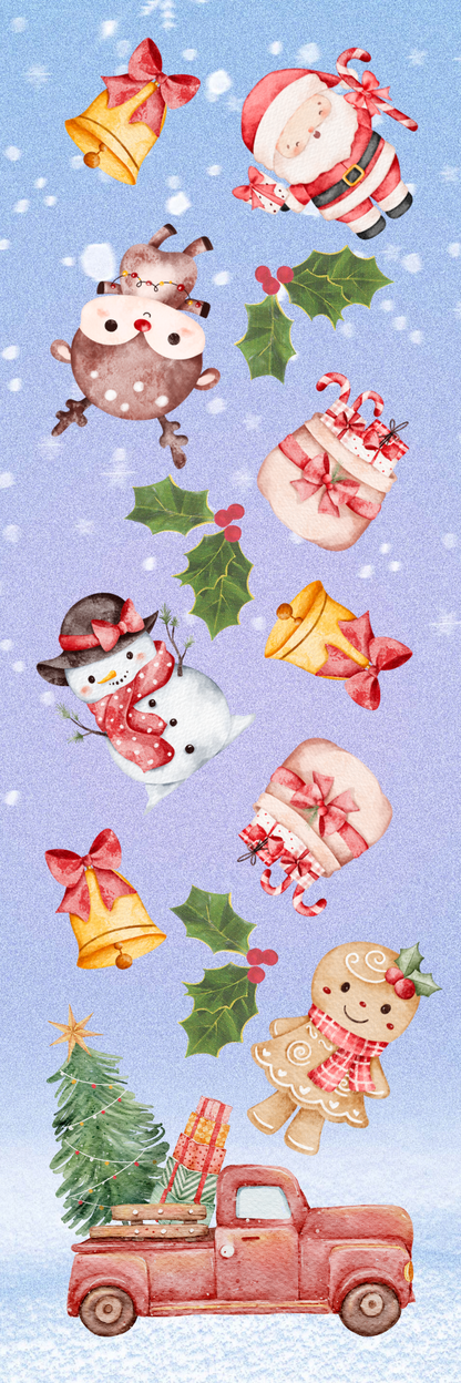 Christmas bookmark featuring festive characters like Santa, reindeer, and a vintage truck on a snowy backdrop.