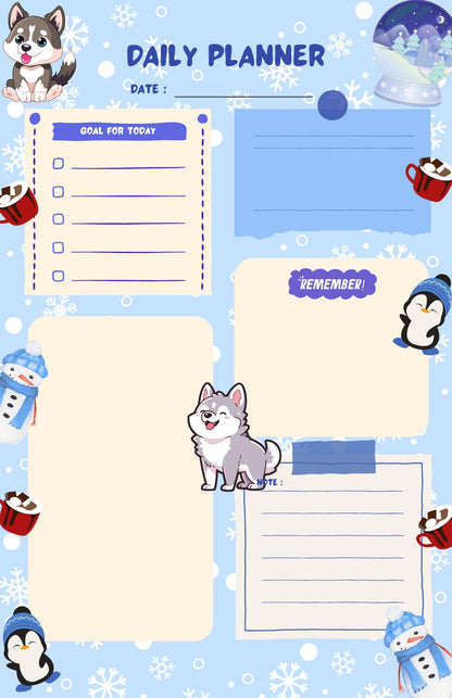 Hot Cocoa &amp; Huskies Daily Planner Notepad 5.5" x 8.5"