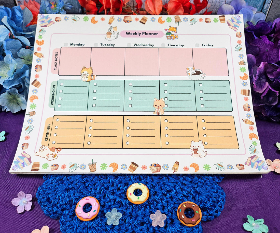 Cat Café Weekly Planner Notepad 8.5" x 11" - Bookworm Gift - Notepad