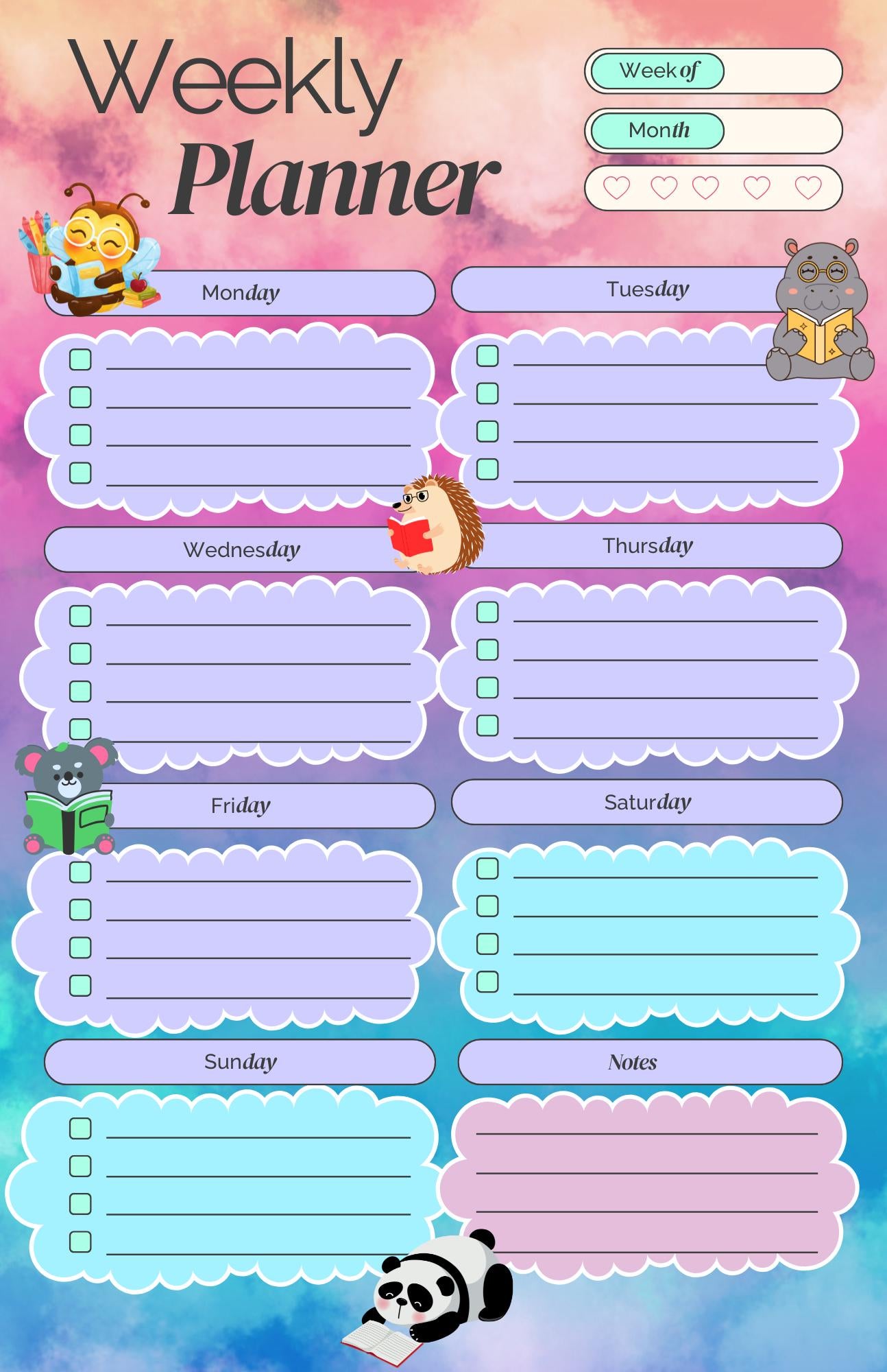 Reading in the Clouds Weekly Planner Notepad 5.5" x 8.5"