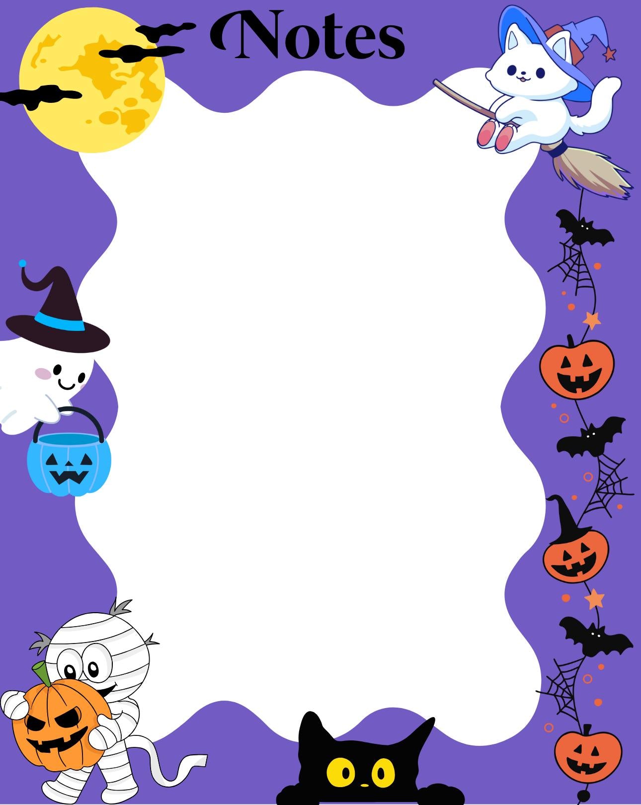 Cute Halloween notepad with ghosts, cats, pumpkins, and bats for fall journaling and notes.