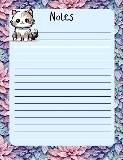 Cute cat notepad with pastel floral border for note taking and journaling.