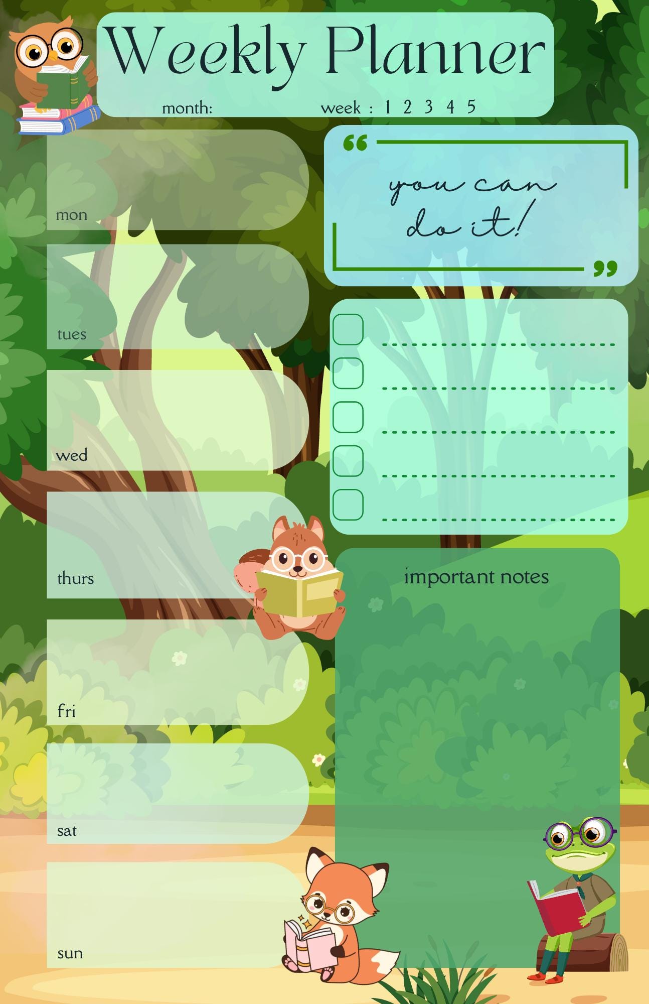 Forest Friends Reading Weekly Planner Notepad 5.5" x 8.5"
