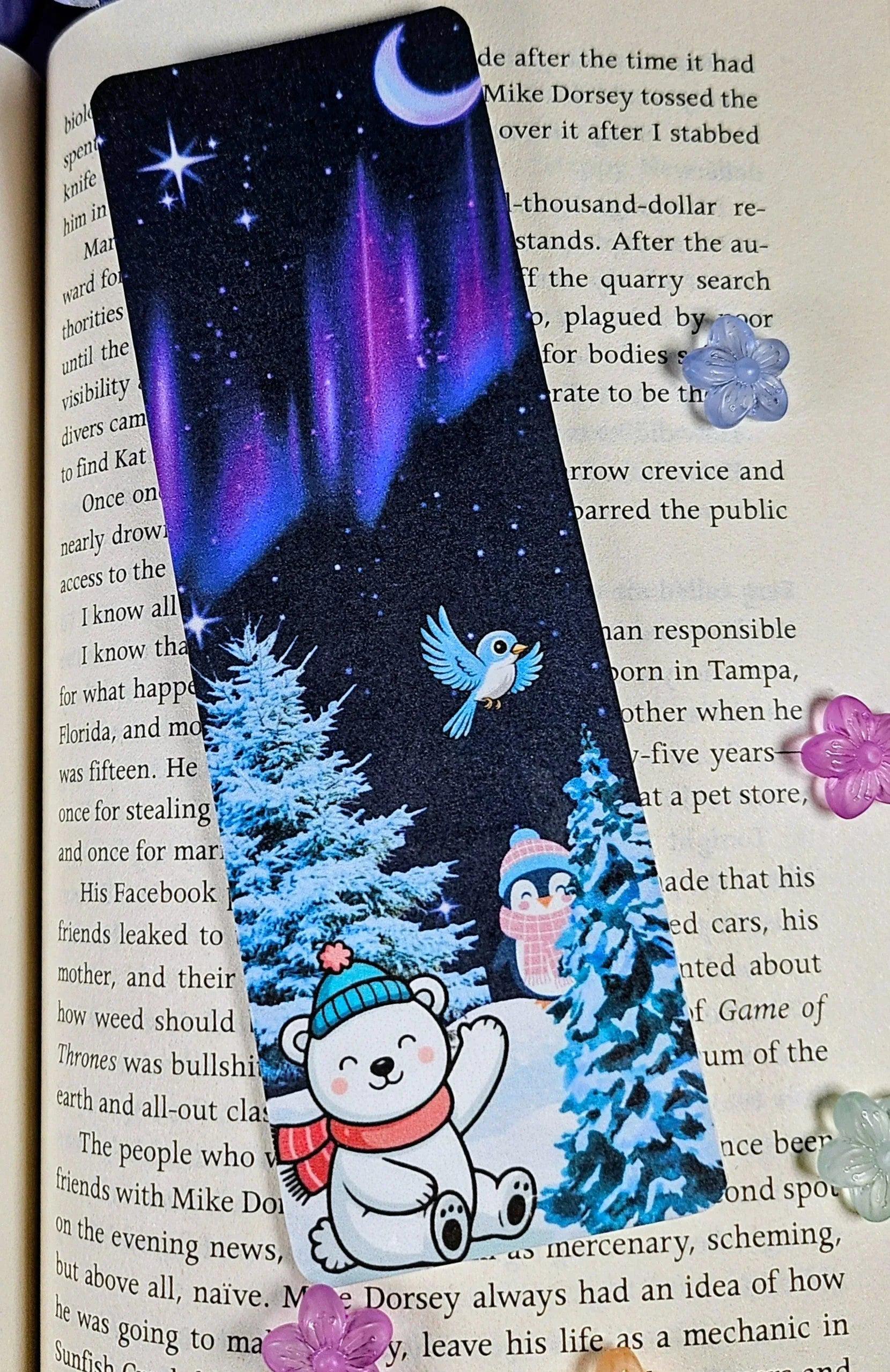 Winter Lights &amp; Snow Friends Laminated Bookmark - Autumnmist Boutique