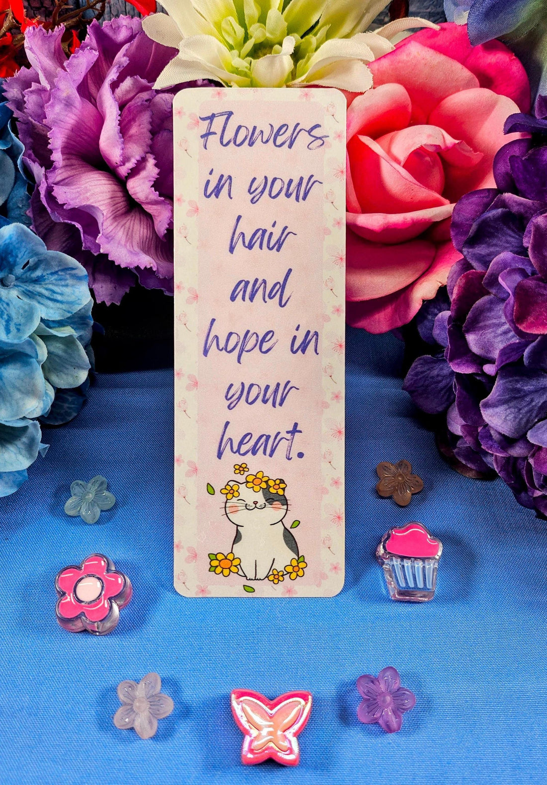 Pink &amp;quot;Flowers in Your Hair&amp;quot; Cat Laminated Bookmark - Autumnmist Boutique
