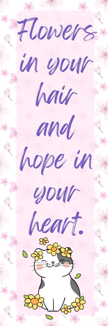 Pink &amp;quot;Flowers in Your Hair&amp;quot; Cat Laminated Bookmark - Autumnmist Boutique