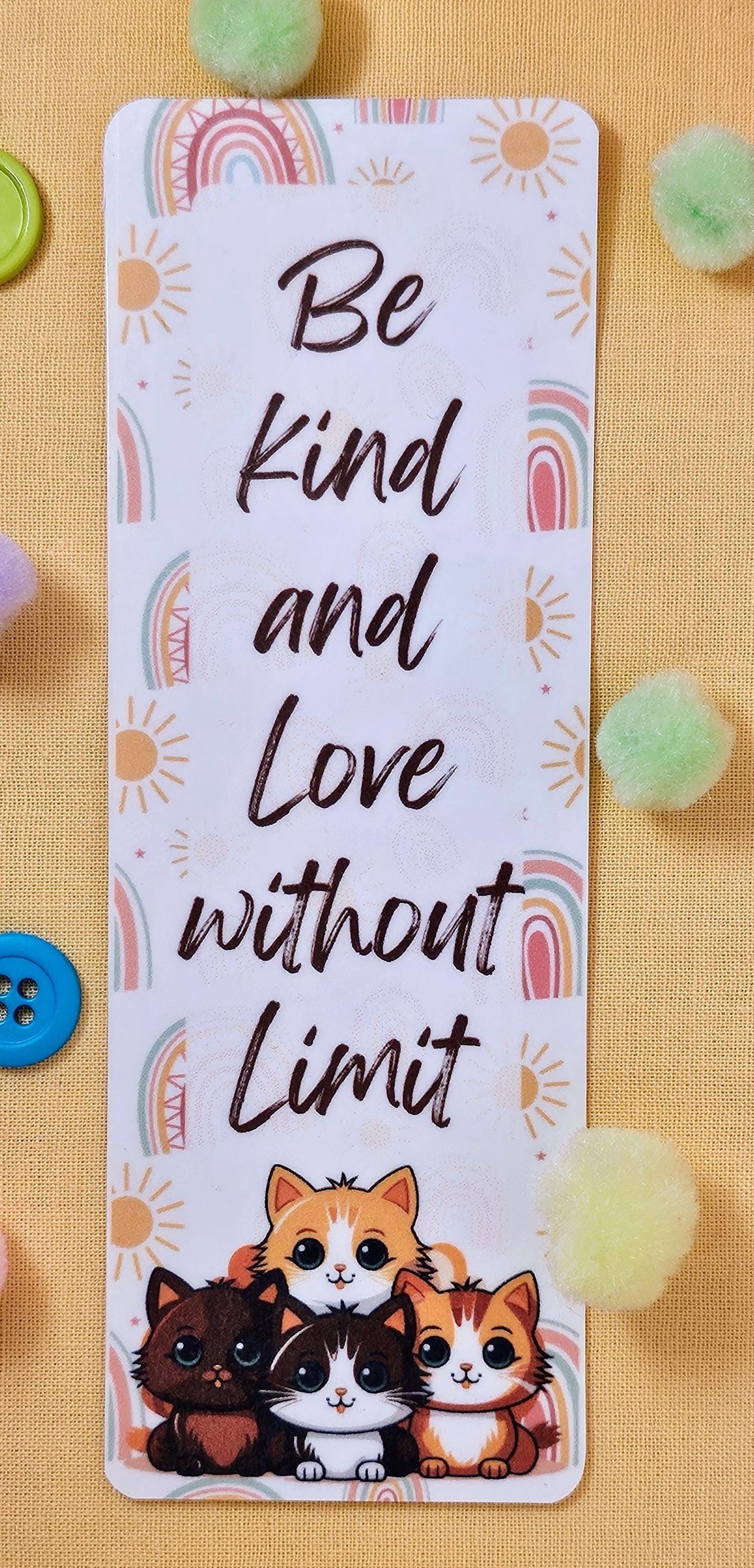 Be Kind, Love Without Limit Rainbow Cat Laminated Bookmark - Autumnmist Boutique
