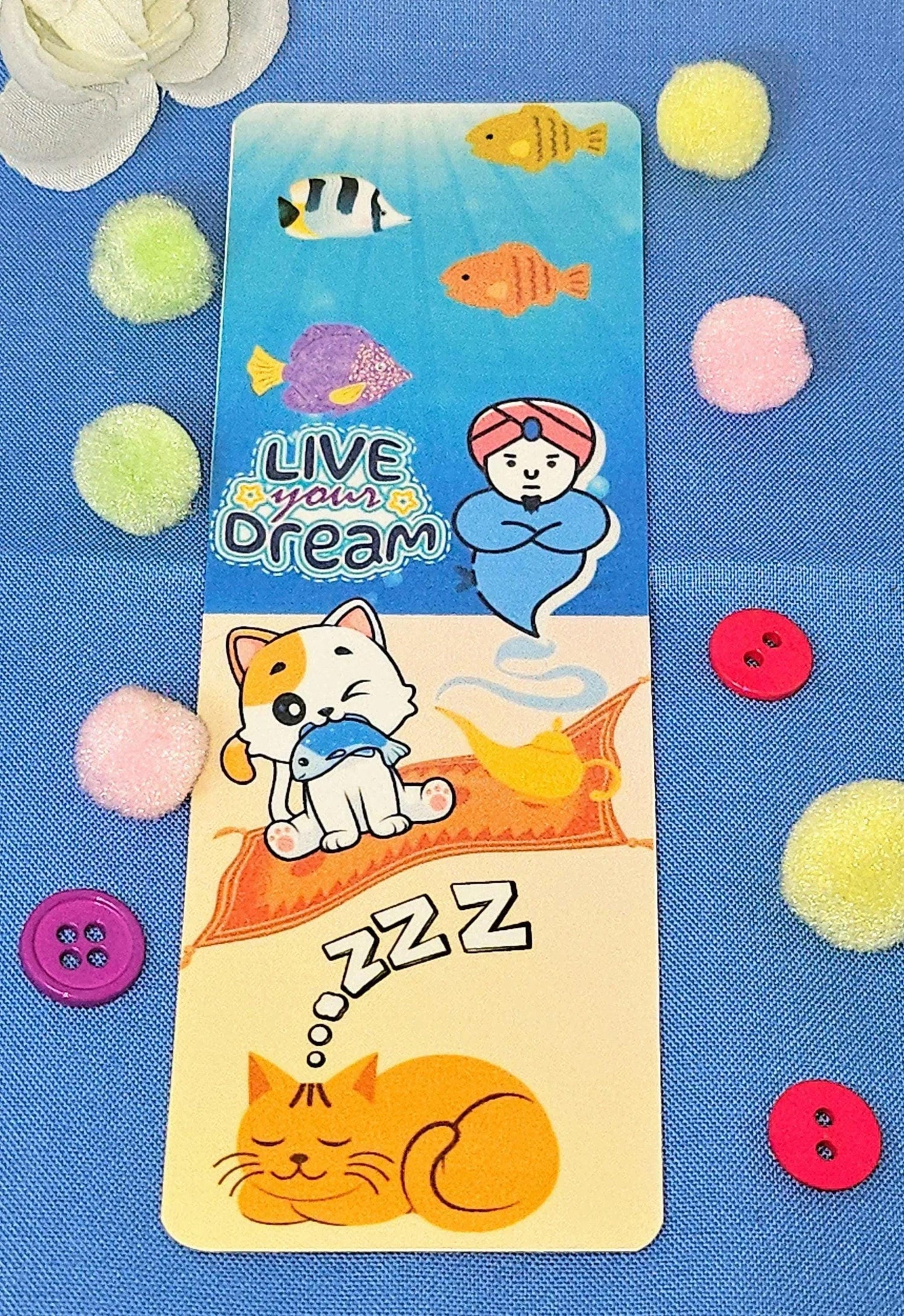 Live Your Dream Genie &amp; Cat Laminated Bookmark - Autumnmist Boutique