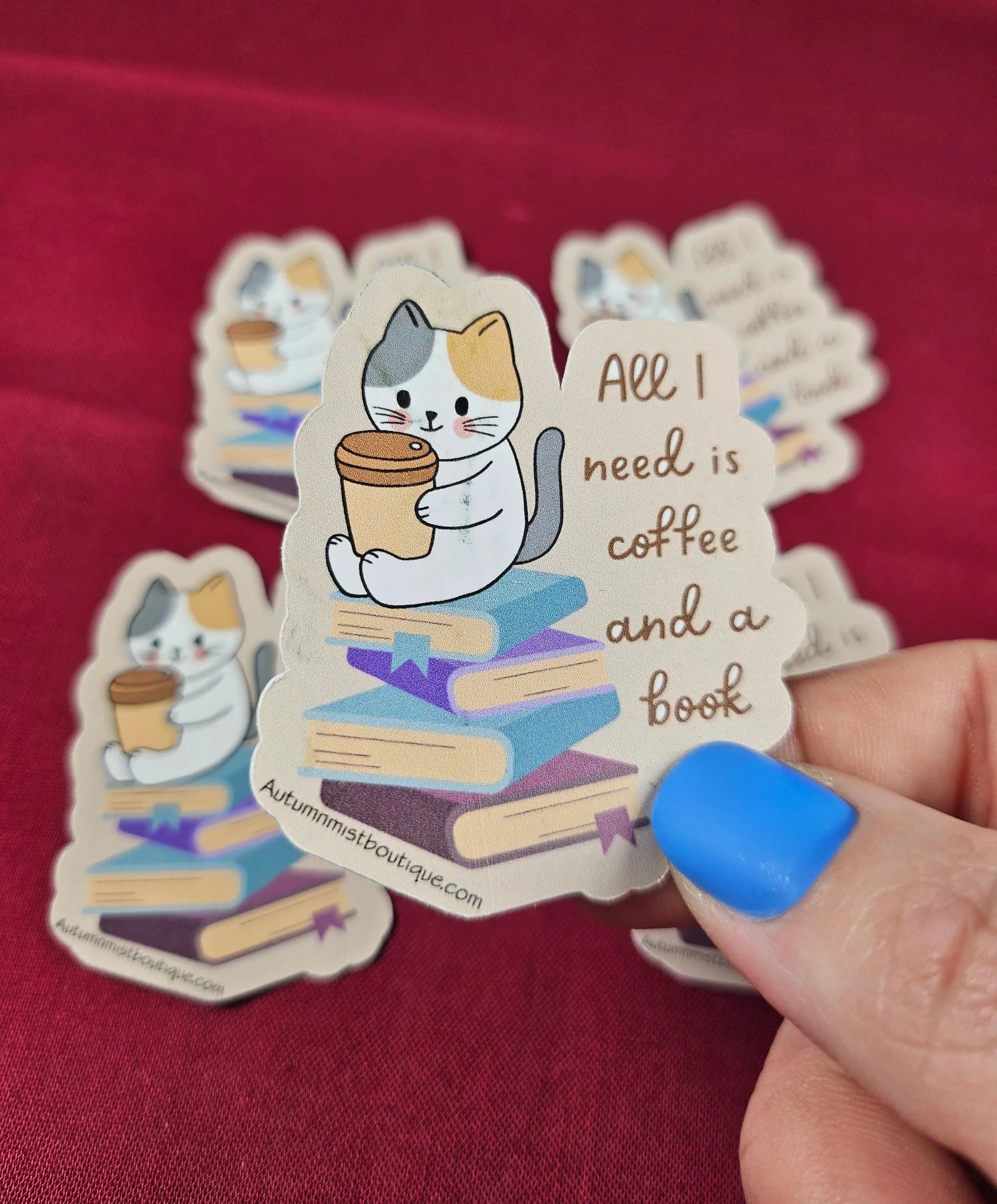 Coffee Cat and Books Vinyl Sticker - Autumnmist Boutique